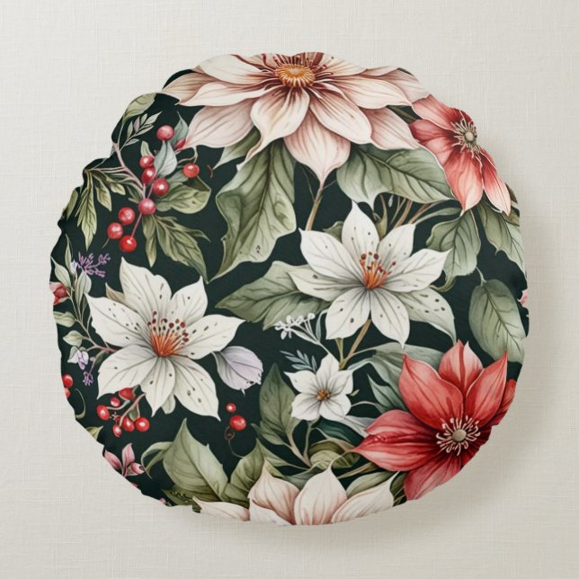 Colourful Christmas Flowers Elegant Black Round Cushion (Front)