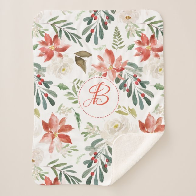 Colourful Christmas flowers pattern monogram Sherpa Blanket (Front)