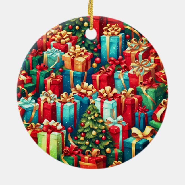 Colourful Christmas Gifts,  Holiday Tree Pattern  Ceramic Tree Decoration (Back)