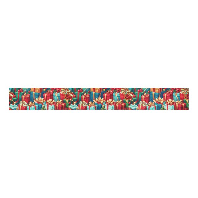Colourful Christmas Gifts,  Holiday Tree Pattern  Grosgrain Ribbon (Front)