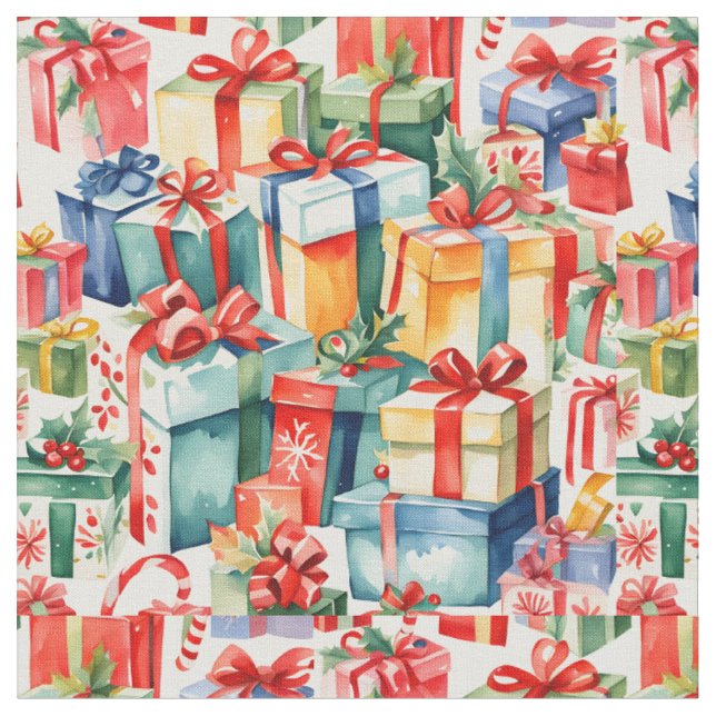 Colourful Christmas Gifts Watercolor  Pattern  Fabric (Close Up)