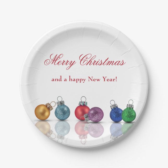 Colourful Christmas Glitter Ornaments Paper Plate (Front)