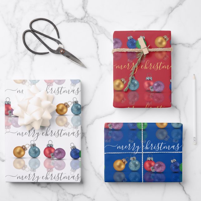 Colourful Christmas Glitter Ornaments Wrapping Paper Sheet (Front)