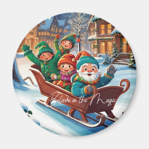 Colourful Christmas Gnome Sleigh Ride Holiday Magnet