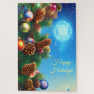 Colourful Christmas Holiday North Star & Pinecones Jigsaw Puzzle