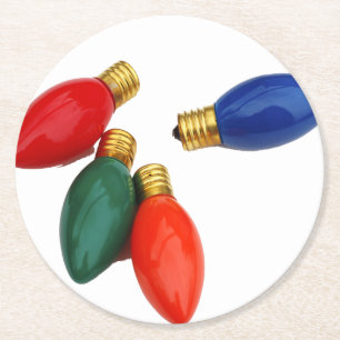 Colourful Christmas Light Bulbs Round Paper Coaster