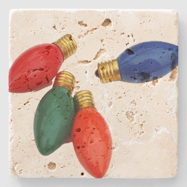 Colourful Christmas Light Bulbs Stone Coaster (Front)