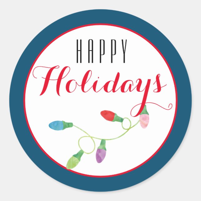 Colourful Christmas Light Happy Holiday/ Blue Classic Round Sticker (Front)
