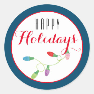 Colourful Christmas Light Happy Holiday/ Blue Classic Round Sticker