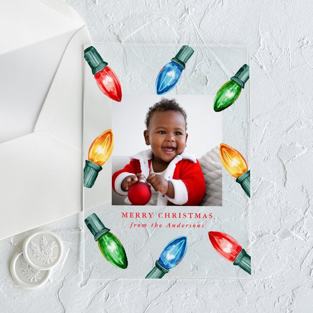 Colourful Christmas Lights Acrylic Holiday Photo Invitations (Creator Uploaded)