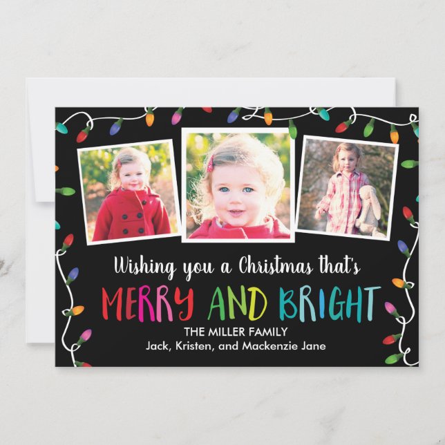Colourful Christmas Lights (Black) 3 Photo Card (Front)