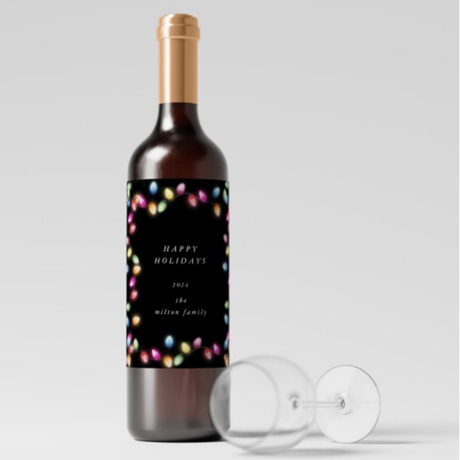 Colourful Christmas Lights Monogram Wine Label (Creator Uploaded)