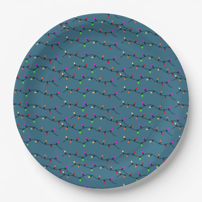 Colourful Christmas Lights On Blue Paper Plate (Front)