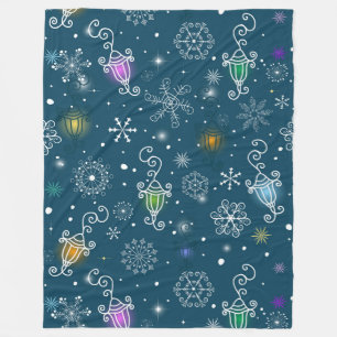 Colourful Christmas Lights & White Snowflakes Fleece Blanket