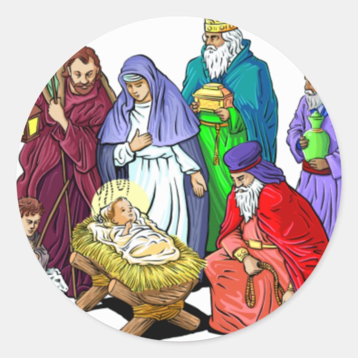 Colourful Christmas Nativity Scene Classic Round Sticker Zazzle.co.uk