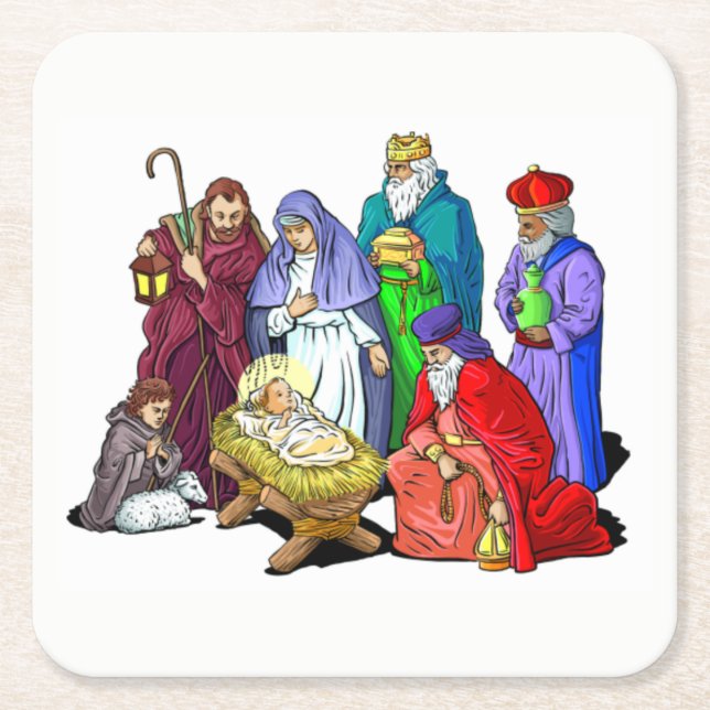 Colourful Christmas Nativity Scene Square Paper Coaster (Front)