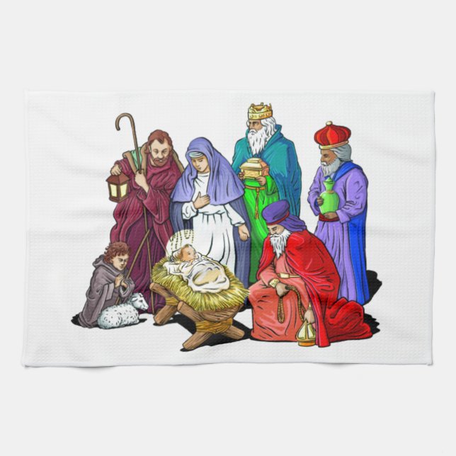 Colourful Christmas Nativity Scene Tea Towel (Horizontal)