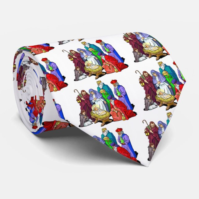Colourful Christmas Nativity Scene Tie (Rolled)