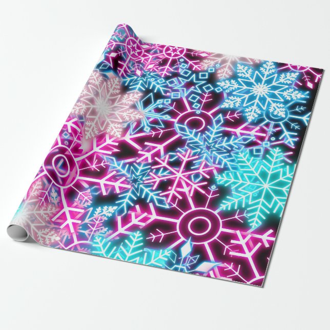 Colourful Christmas Neon Snowflakes Pattern Wrapping Paper (Unrolled)