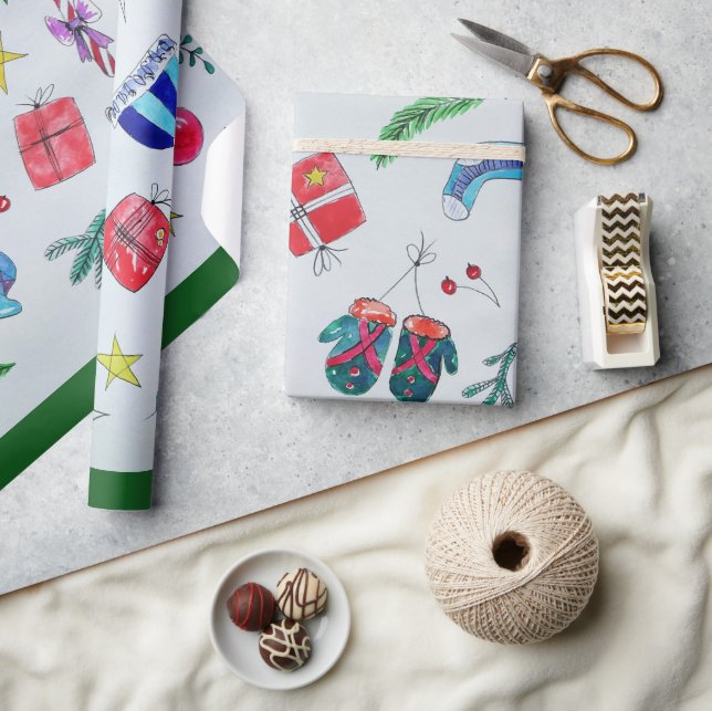 Colourful Christmas Objects Sprinkled on the Page  Wrapping Paper (Crafts)