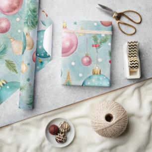 Colourful Christmas Ornaments and Trees  Wrapping Paper
