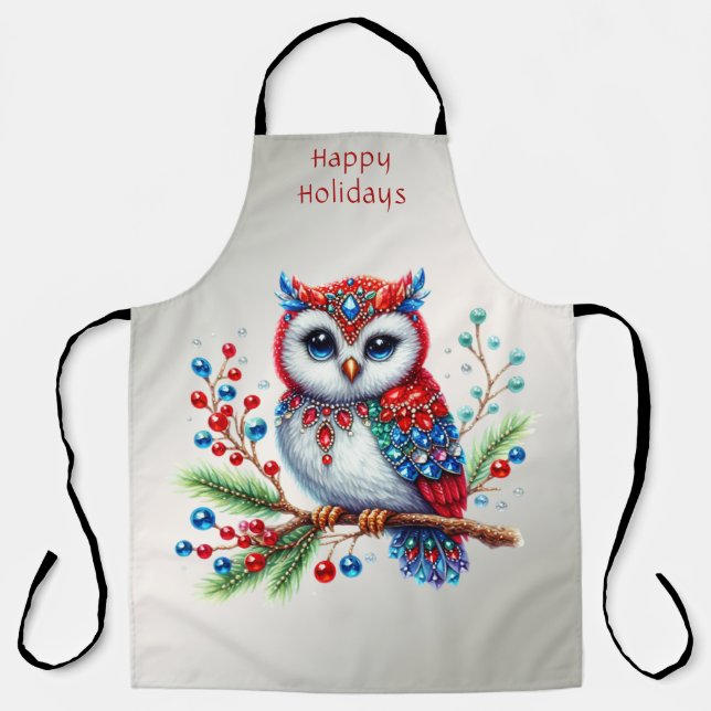 Colourful Christmas Owl Holiday Apron (Front)