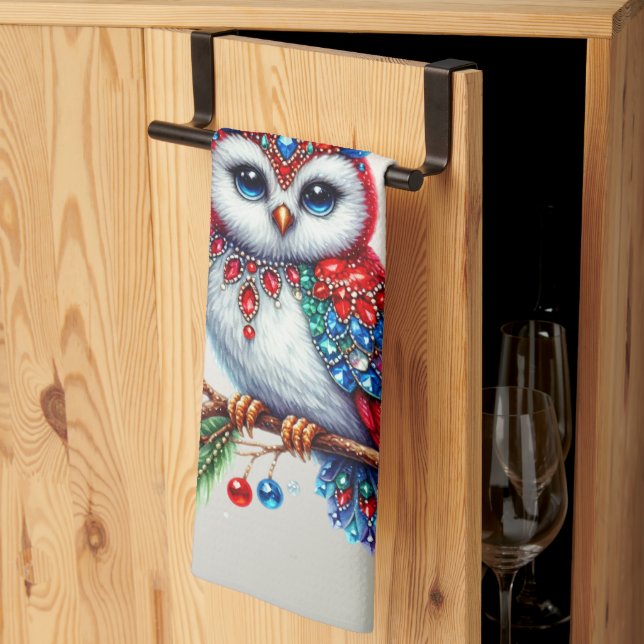Colourful Christmas Owl Holiday Kitchen Towel (Thirds Fold)