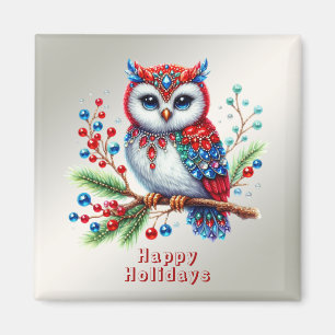 Colourful Christmas Owl Holiday Magnet