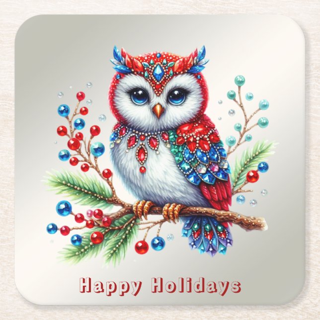 Colourful Christmas Owl Holiday Paper Coaster (Front)