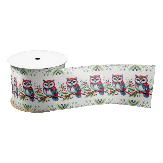 Colourful Christmas Owl Holiday Satin Ribbon (Spool)