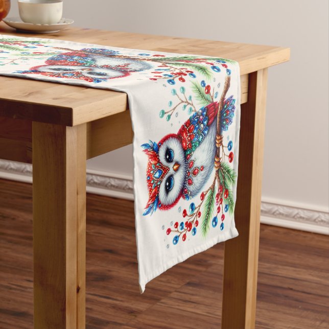 Colourful Christmas Owl Holiday Table Runner (In Situ)