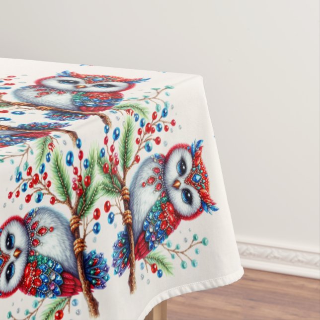 Colourful Christmas Owl Holiday Tablecloth (In Situ)