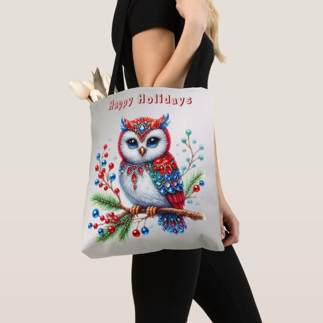 Colourful Christmas Owl Holiday Tote Bag (Close Up)