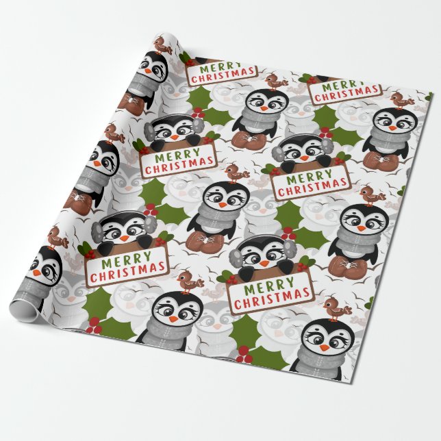 Colourful Christmas Pattern Cute Penguin Wrapping Paper (Unrolled)