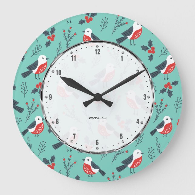 Colourful Christmas Pattern With Cute Birds Large Clock (Front)