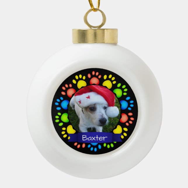 Colourful Christmas Paw Prints Ceramic Ball Christmas Ornament (Front)