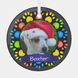 Colourful Christmas Paws Custom Pet Photo Glass Tree Decoration