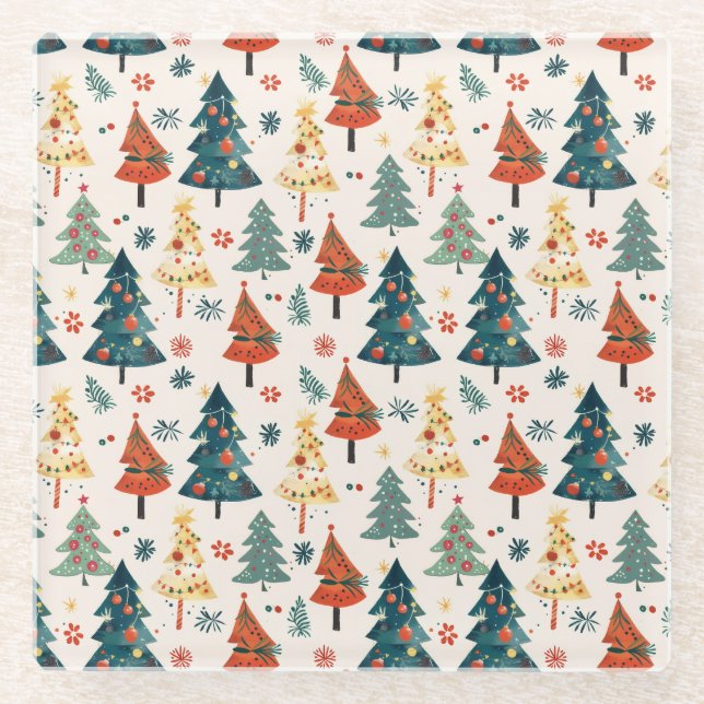 Colourful Christmas Pine Trees Seamless Pattern Glass Coaster (Front)