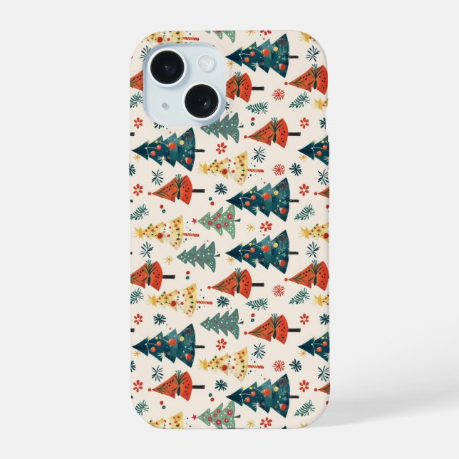 Colourful Christmas Pine Trees Seamless Pattern iPhone 15 Case (Back)