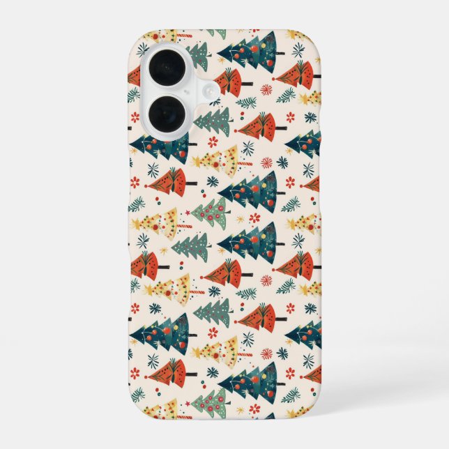 Colourful Christmas Pine Trees Seamless Pattern iPhone 16 Case (Back)