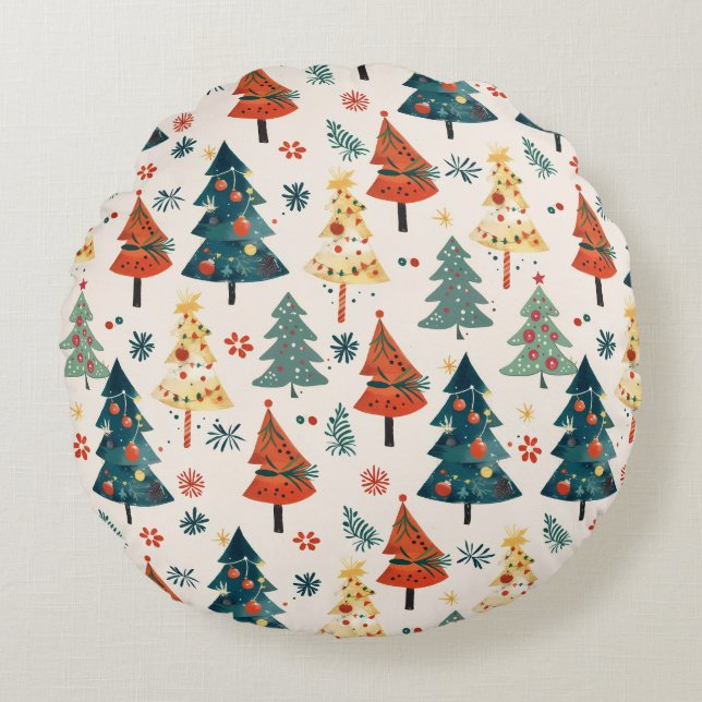 Colourful Christmas Pine Trees Seamless Pattern Round Cushion (Front)
