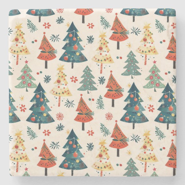 Colourful Christmas Pine Trees Seamless Pattern Stone Coaster (Front)