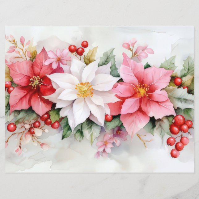 Colourful Christmas Poinsettias Scrapbooking Paper (Front)
