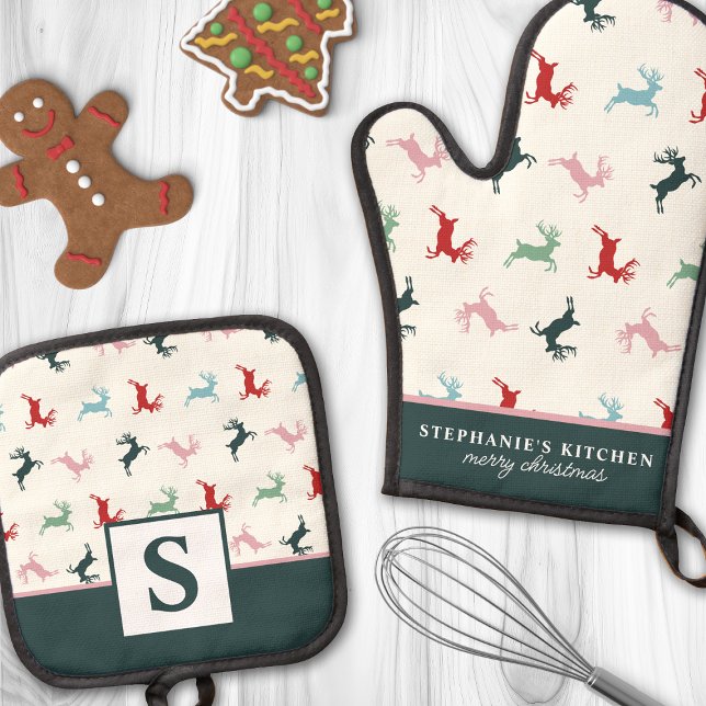 Colourful Christmas Reindeer Monogrammed Oven Mitt & Pot Holder Set (Creator Uploaded)