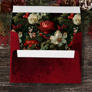 Colourful Christmas Roses, Pine and Holly Wedding Envelope