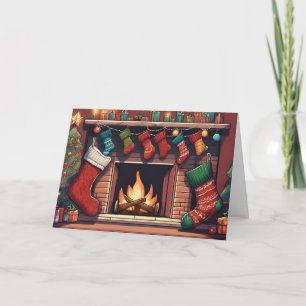 Colourful Christmas Stockings and Fireplace  Holiday Card