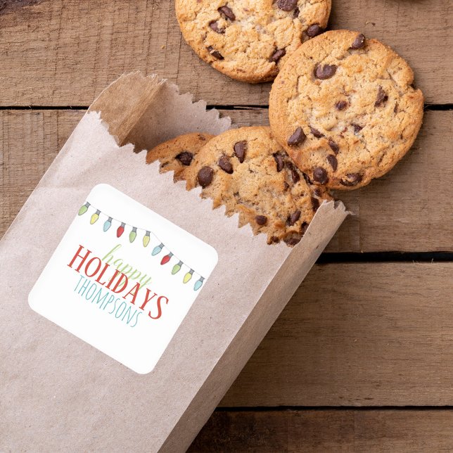 Colourful Christmas String Lights Custom  Square Sticker (Colorful red, green, yellow and blue string of Christmas lights sticker label. )