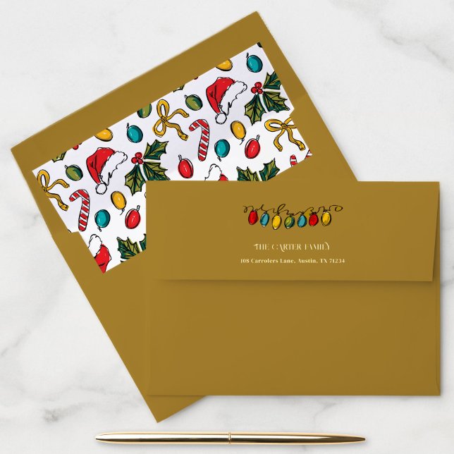 Colourful Christmas String Lights Return Address Envelope (Golden return address envelope featuring playful Christmas light sketches and matching pattern liner)