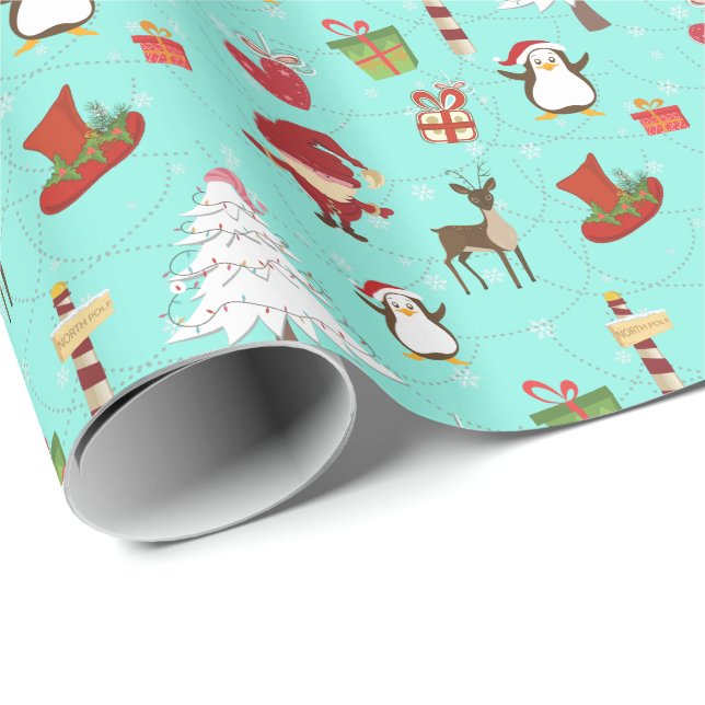 Colourful Christmas Symbols Blue-Green Background Wrapping Paper (Roll Corner)