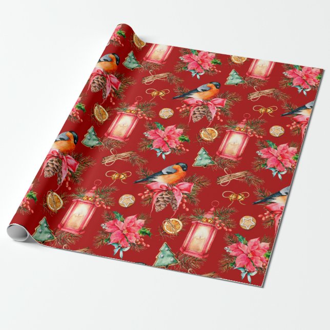 Colourful Christmas symbols pattern Red Background Wrapping Paper (Unrolled)